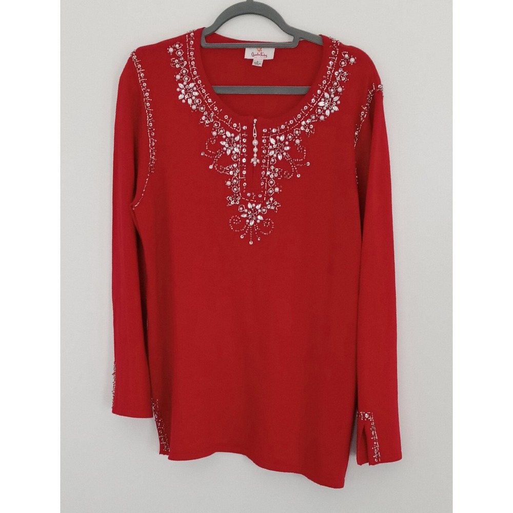 Quacker Factory Red Beaded Pullover Sweater Womens‎ Size Large Pre-owned